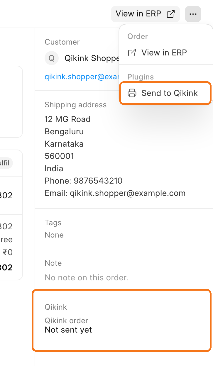 The More actions menu on a submitted COD order with Send to Qikink