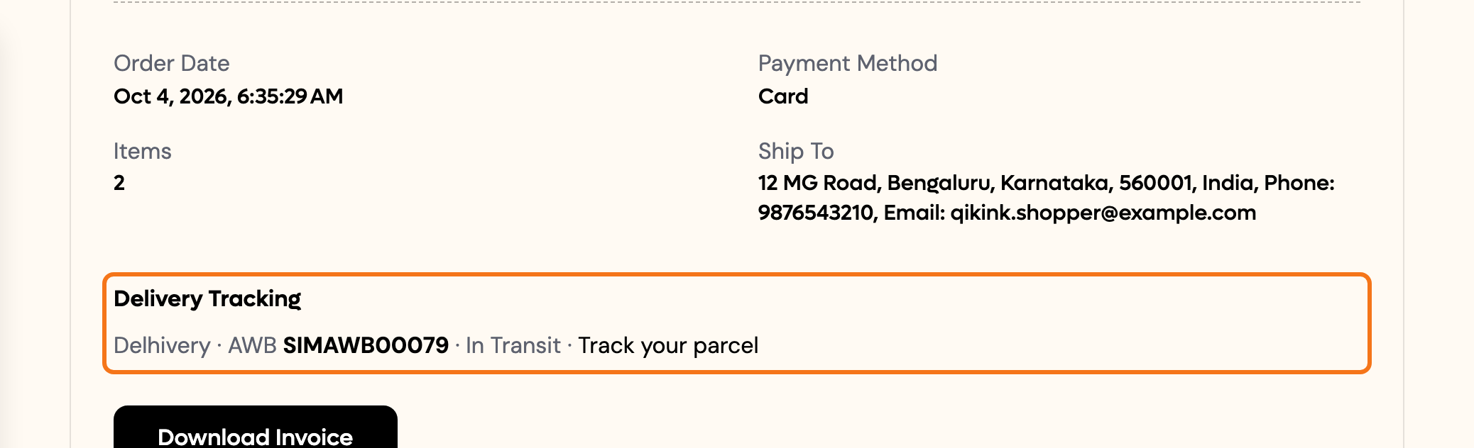 The shopper's order page with Delivery Tracking, the AWB and Track your parcel