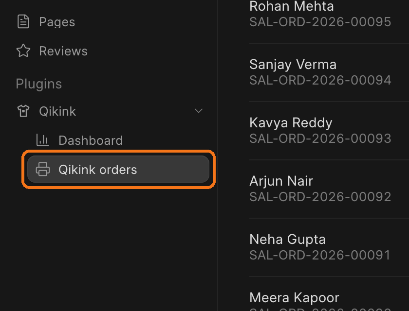 The sidebar row with the Qikink icon in dark mode
