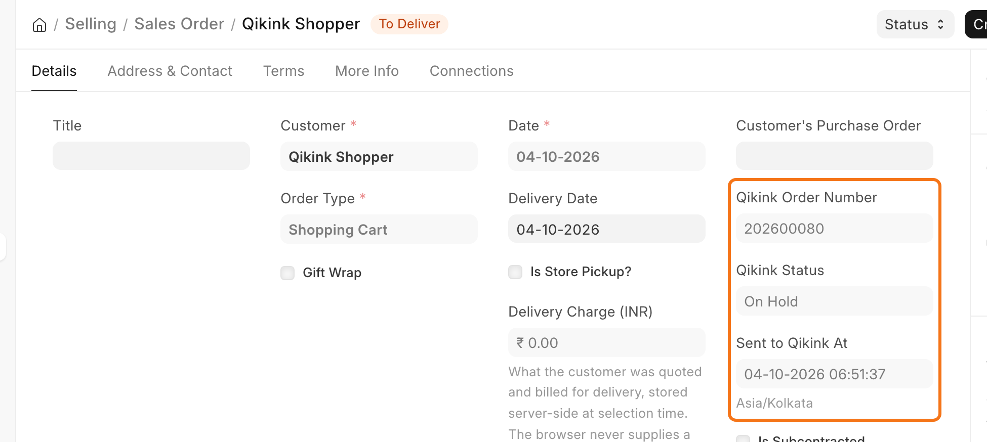 The Sales Order in Desk with the Qikink Order Number, Qikink Status and Sent to Qikink At fields