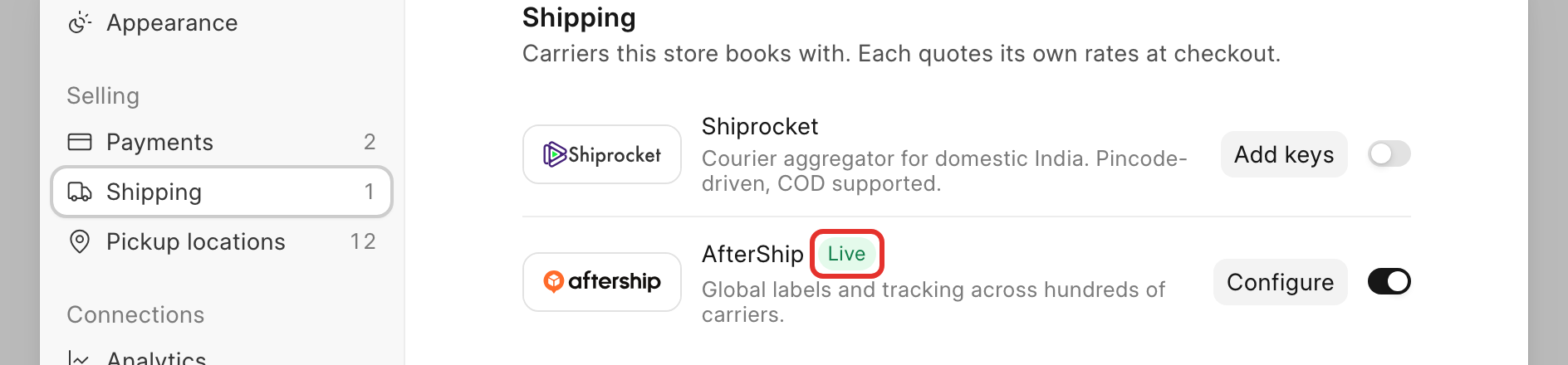 The shipping panel with the Shiprocket and AfterShip carrier cards