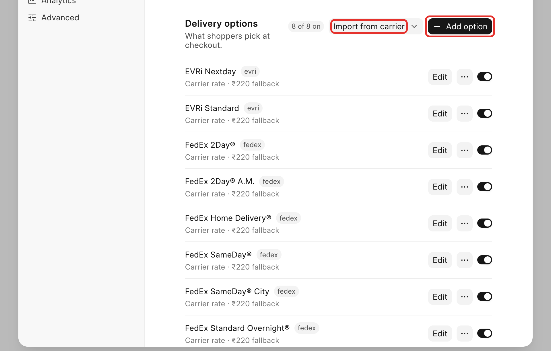 The delivery options list with its header and rows