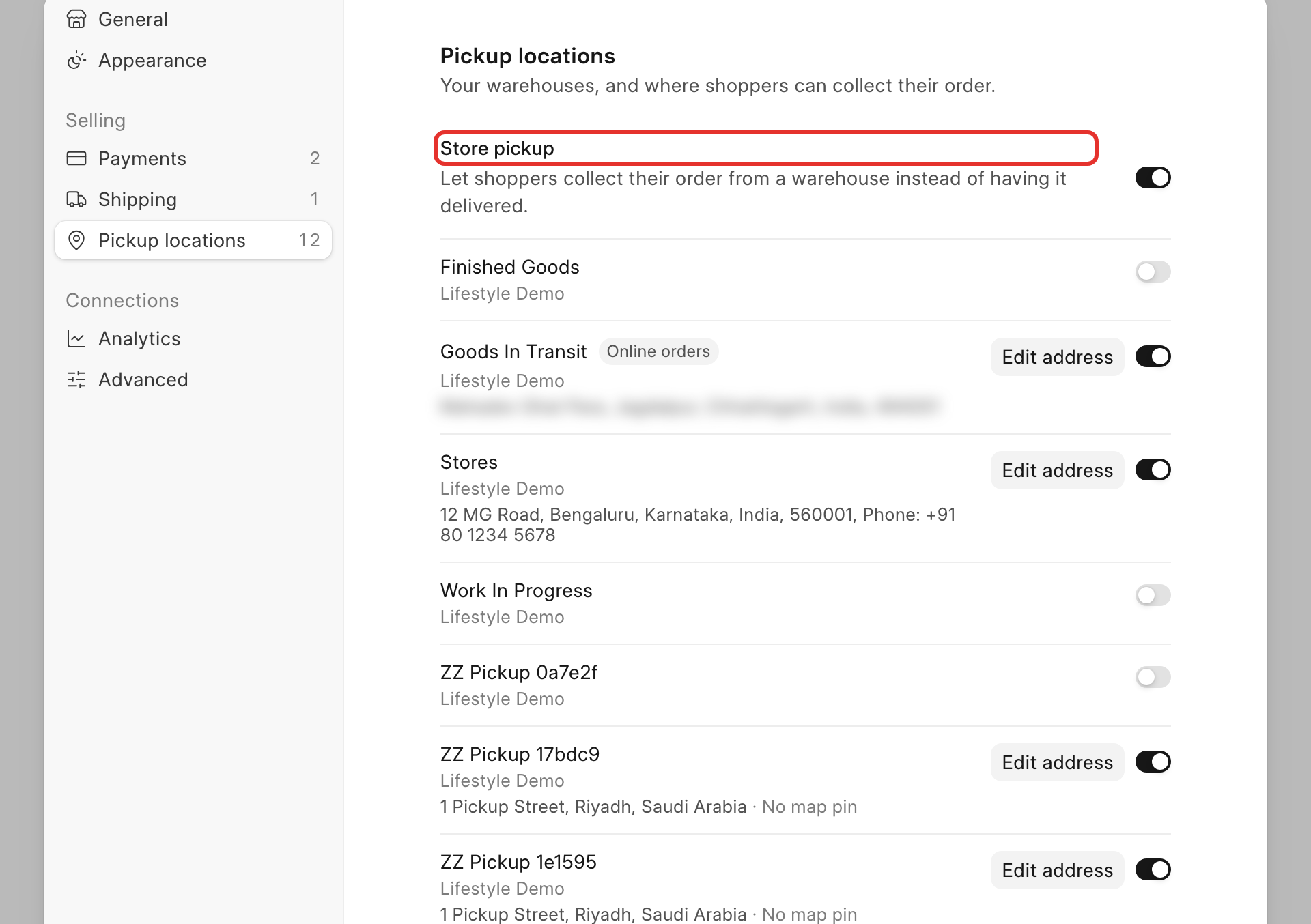 The pickup locations panel with the Store pickup toggle and warehouse rows