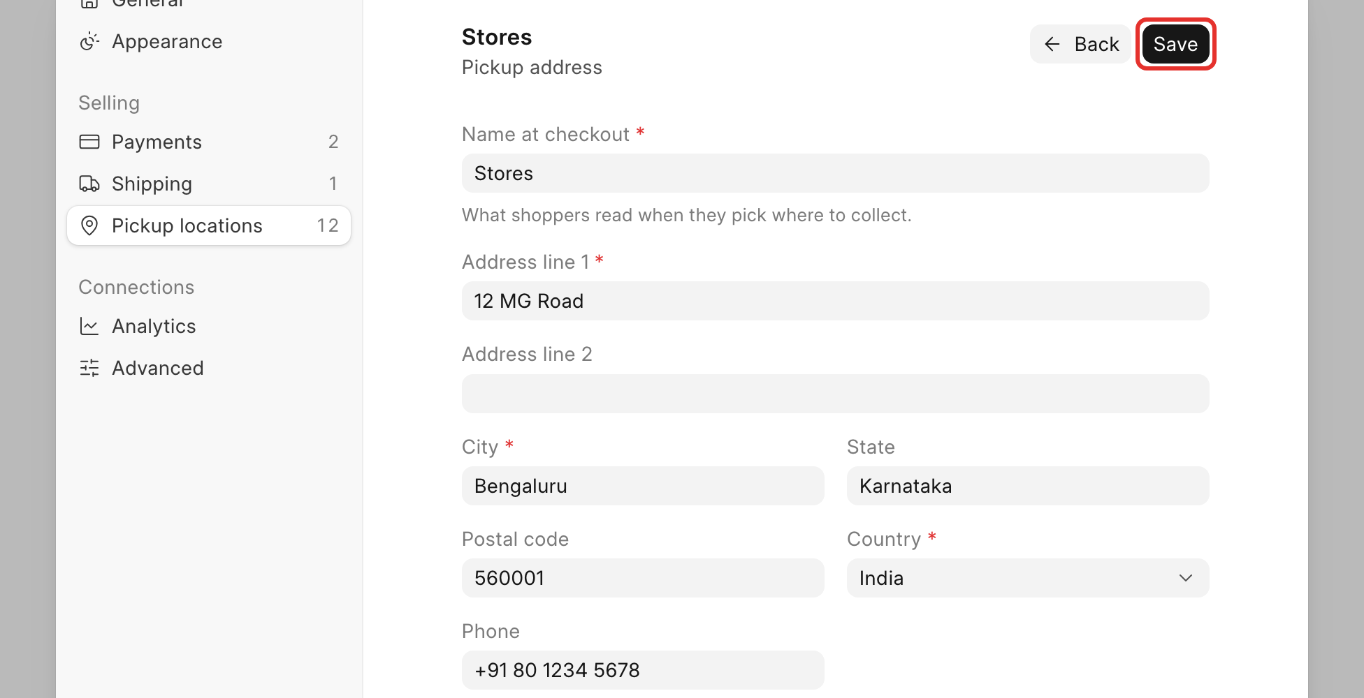 The pickup address form with name, address, city, state and phone fields