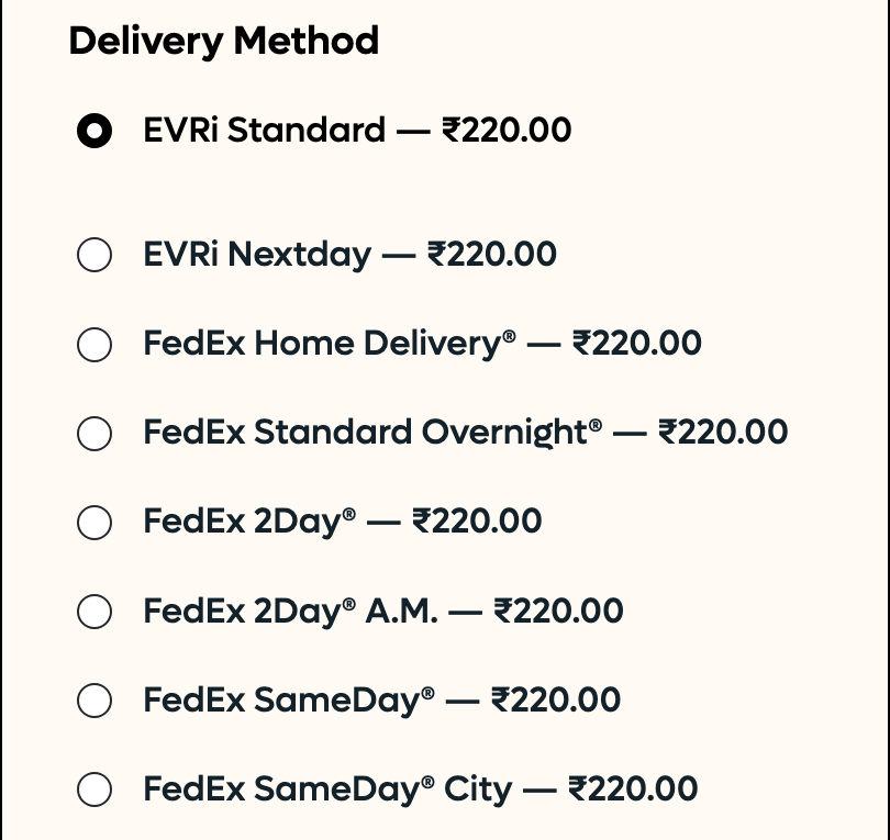 Checkout Delivery Method list with one option per delivery option