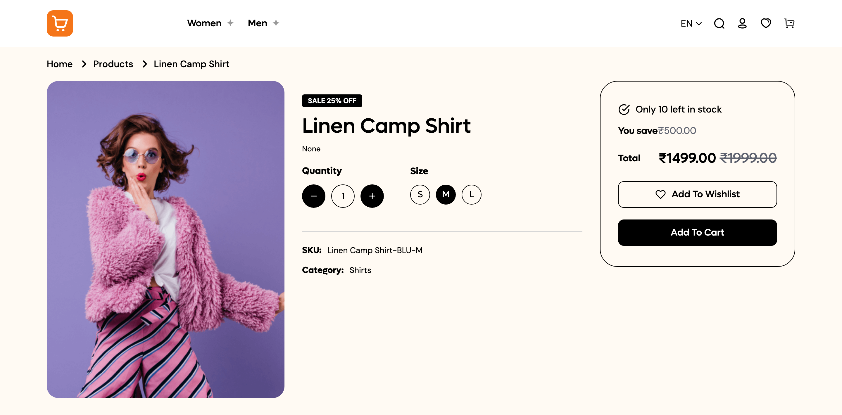 The storefront product page with a size selected