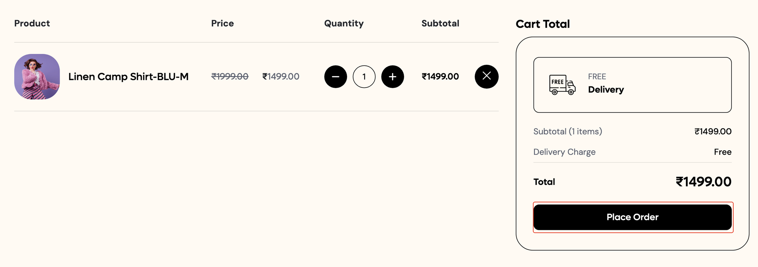 The Shop Cart page with Place Order boxed