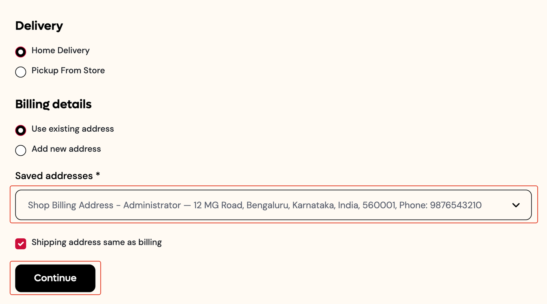 Checkout page with the saved address and Continue boxed