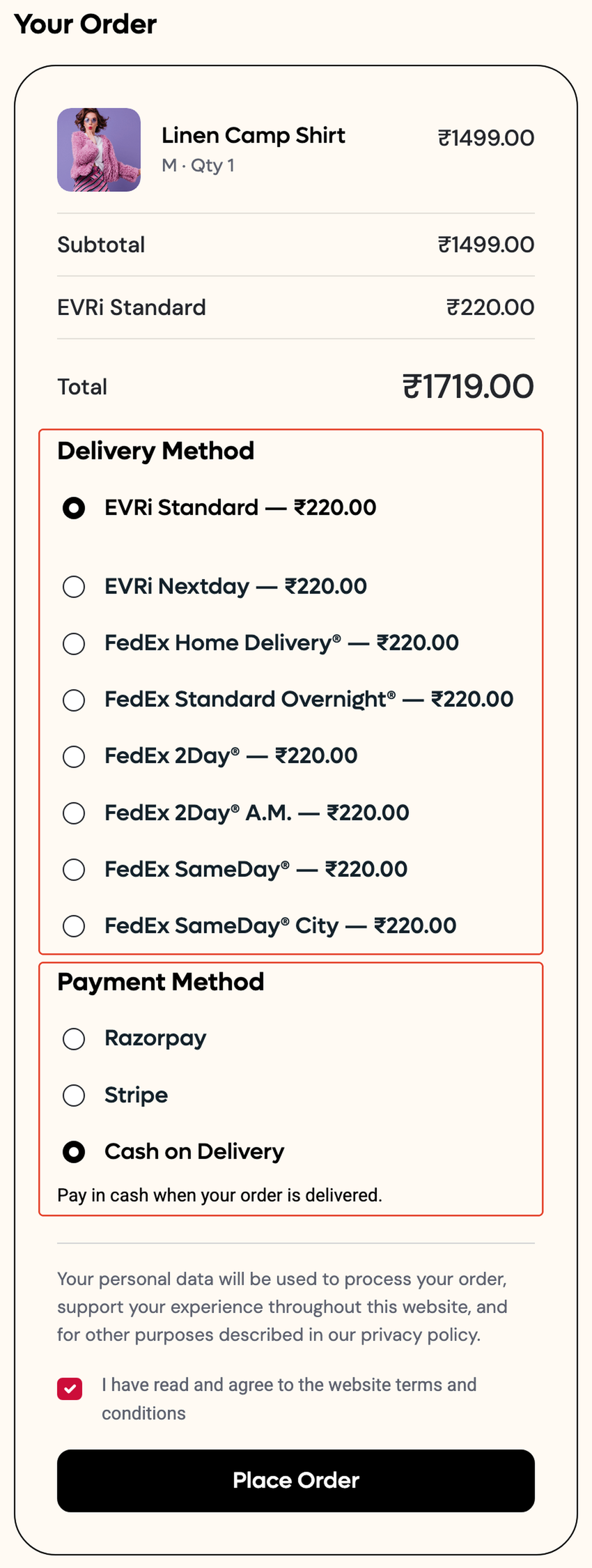 Your Order with Delivery Method and Payment Method boxed