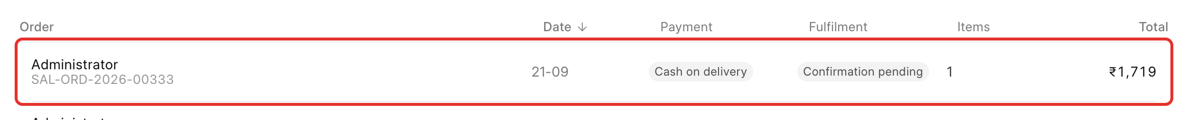 The dashboard Orders list with the new order boxed