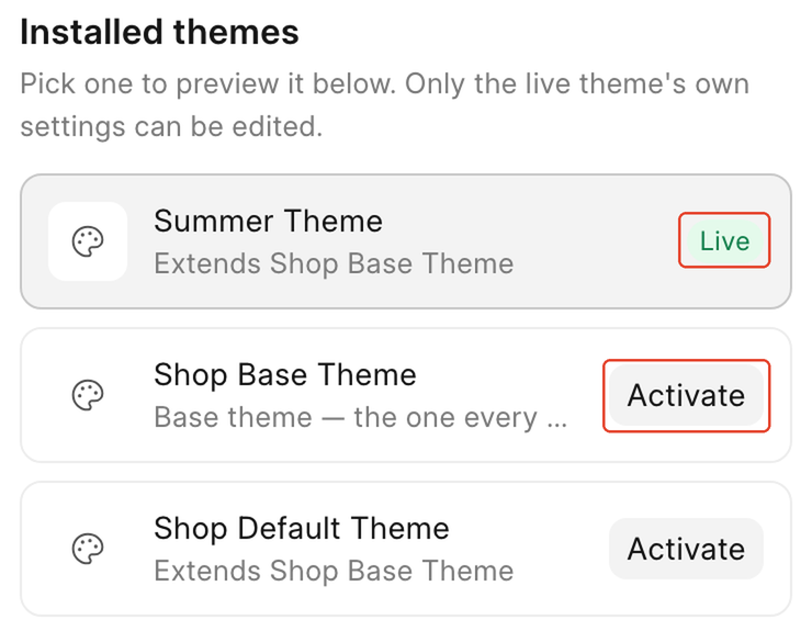 The Installed themes list with the Live and Activate buttons