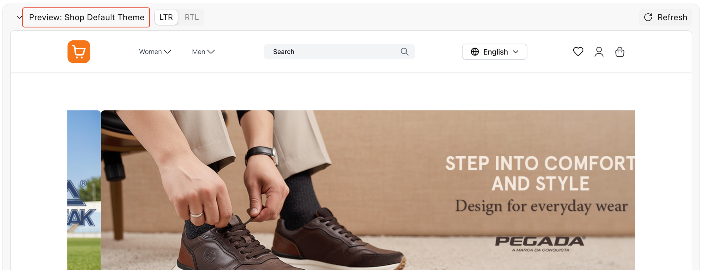 The preview pane titled Preview: Shop Default Theme over the rendered storefront