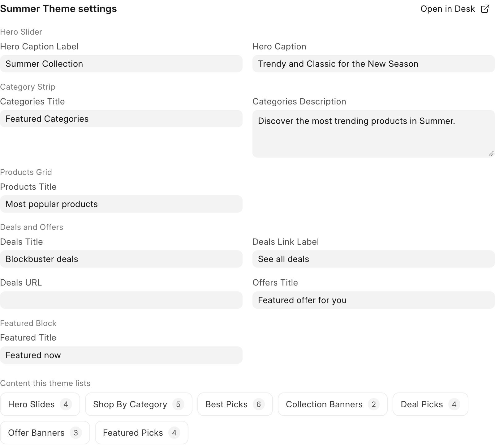 Summer Theme settings, content chips and Layout