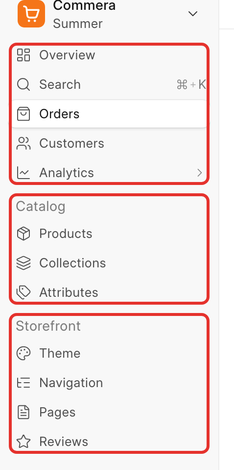 Sidebar with the three groups boxed: primary, Catalog and Storefront