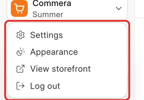 Account menu open under the store switcher, showing Settings, Appearance, View storefront and Log out