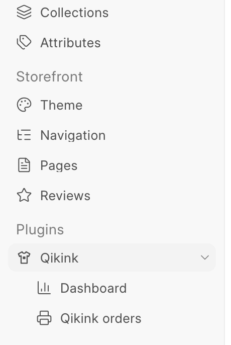The Commera sidebar with Qikink under Plugins, opened to show Dashboard and Qikink orders