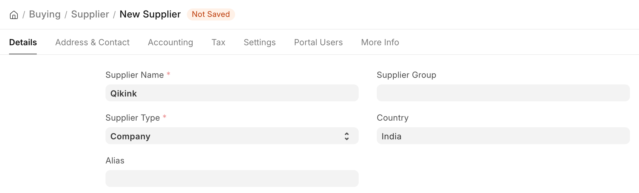 A new supplier named Qikink in the Desk, with Supplier Type set to Company