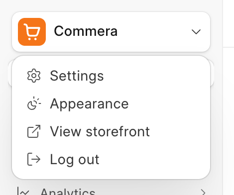 The Commera menu open, with Settings at the top