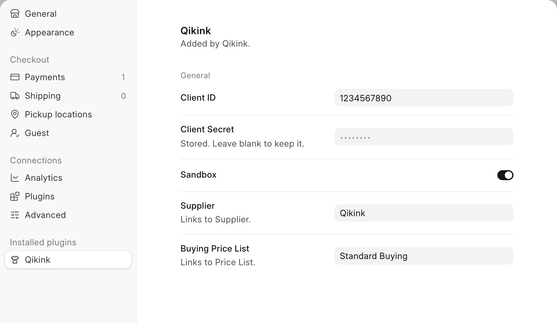 The Qikink tab in Commera settings, filled in, with Sandbox on