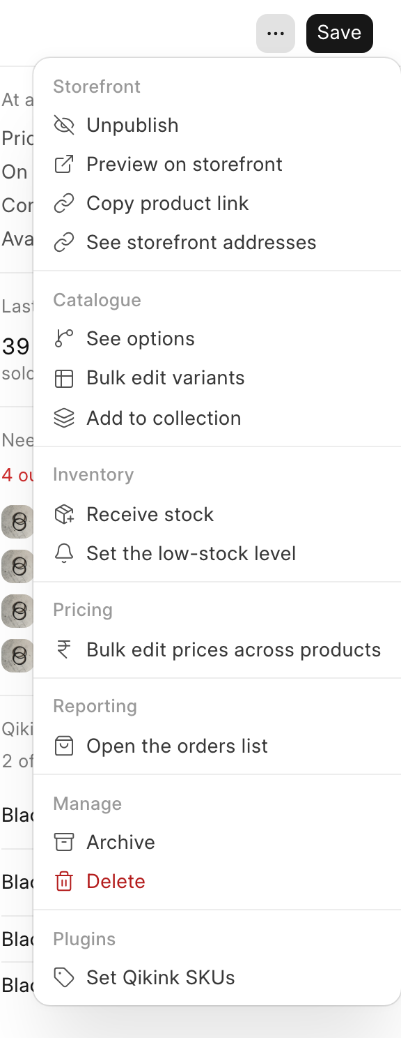 The More actions menu of a product, with Set Qikink SKUs under Plugins