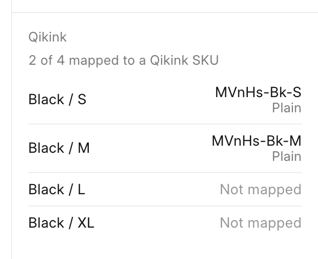 The Qikink card on a product, with two sizes mapped as Plain and two not mapped