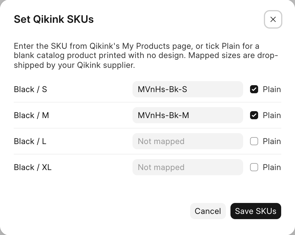 The Set Qikink SKUs dialog with a SKU and Plain ticked for two sizes, and two sizes not mapped yet