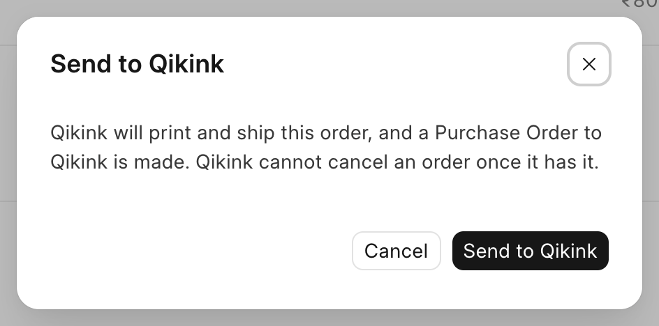 The Send to Qikink confirmation