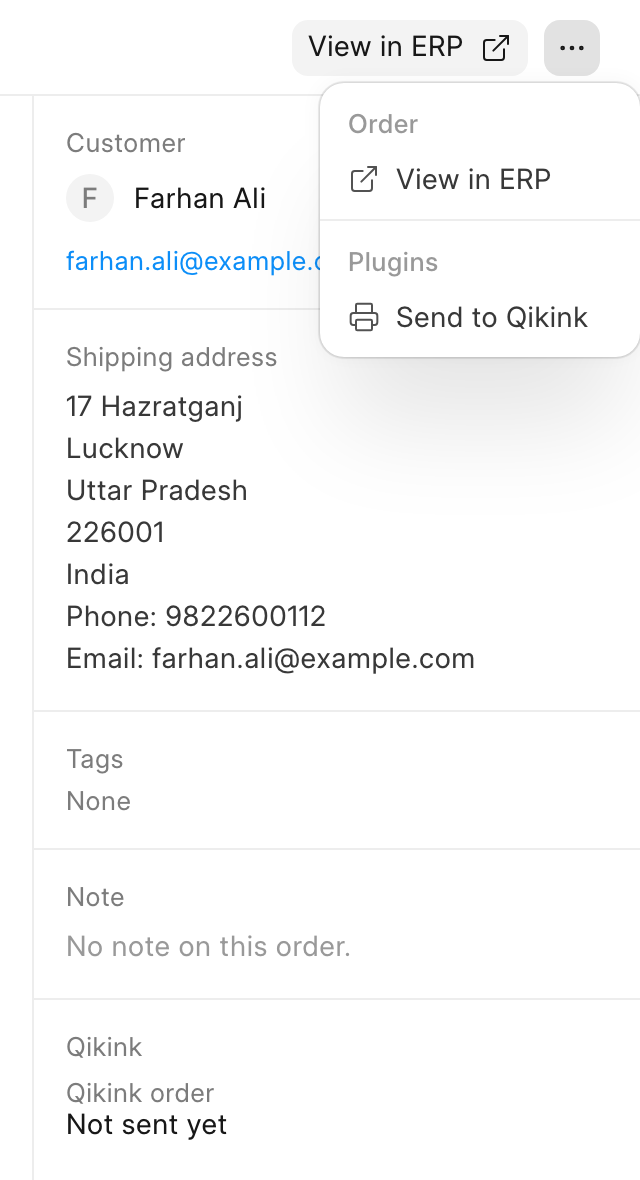 The More actions menu on a COD order, with Send to Qikink under Plugins