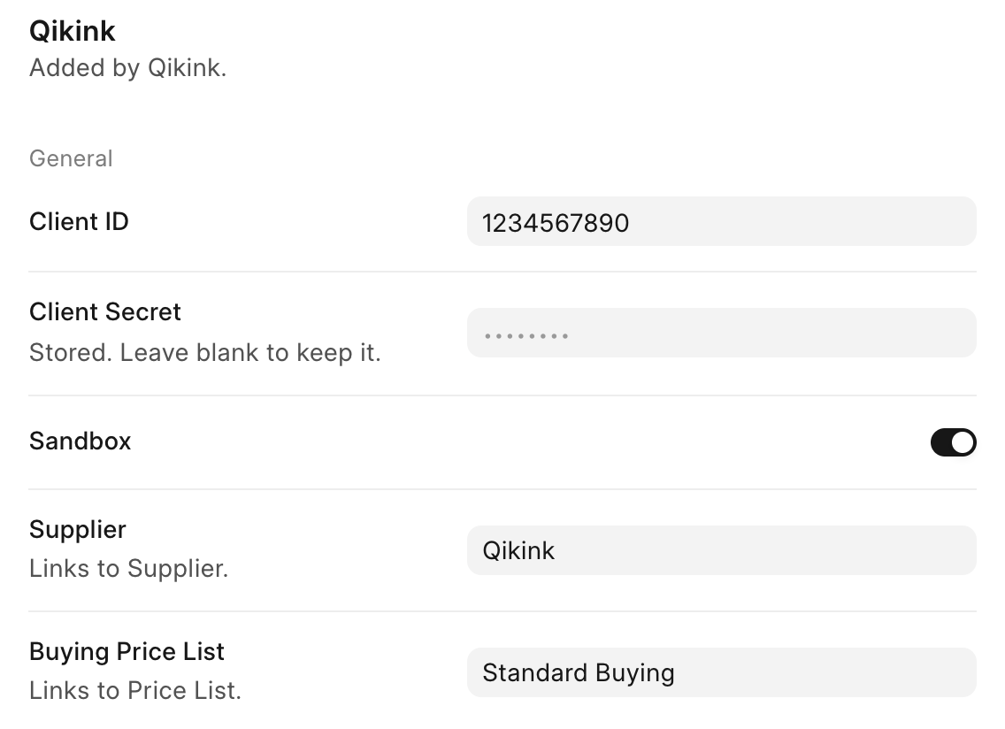 Qikink settings, with Sandbox switched on